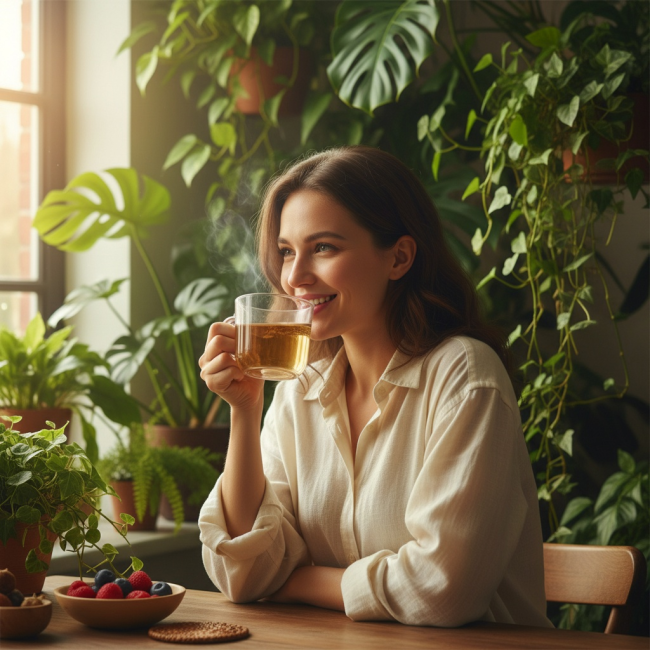 Transformation après cure Diox Tea Detox : corps affiné, femme tenant le thé avec fruits sur la table