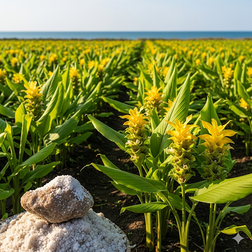 Champ de curcuma en fleurs sous le soleil, racine et terre au premier plan