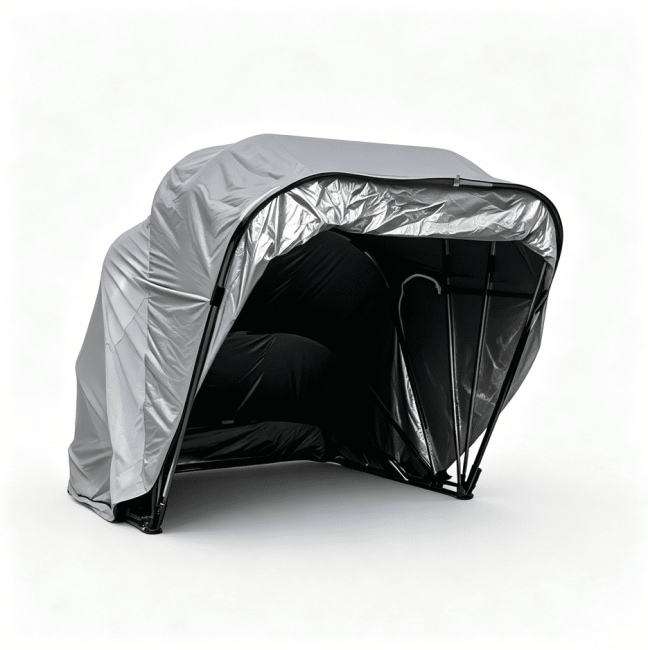 Carport mobile gris vue vue de face legerement de travers avec ouverture au trois quart