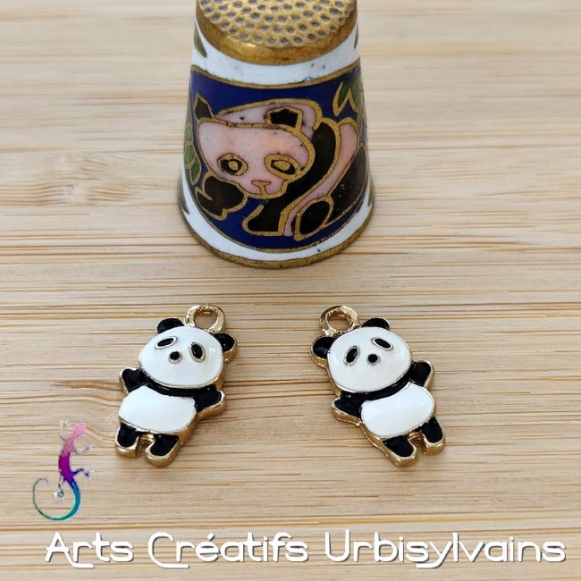 Lot de 2 breloques panda en émail cloisonné et métal doré 19x11mm