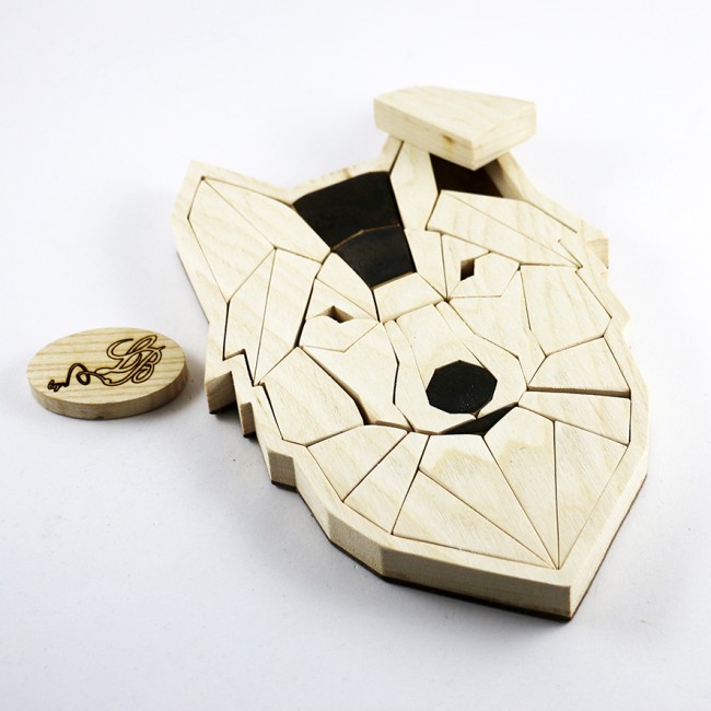 Puzzle Tête de Loup Géométrique en Bois – Casse-tête Artisanal en Frêne Massif By LB