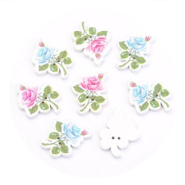 5 BOUTONS BOIS Blanc Forme FLEURS rose, bleu, vert 2 trous - couleurs...