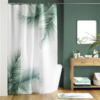 Rideau de douche blanc motif feuilles 180 × 200 cm | Irisia Maison