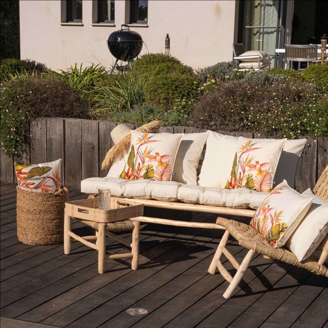 Coussin extérieur oiseau du paradis Sud Étoffe – coussin exotique anti-UV Coussin extérieur oiseau du paradis Sud Étoffe – coussin exotique anti-UV