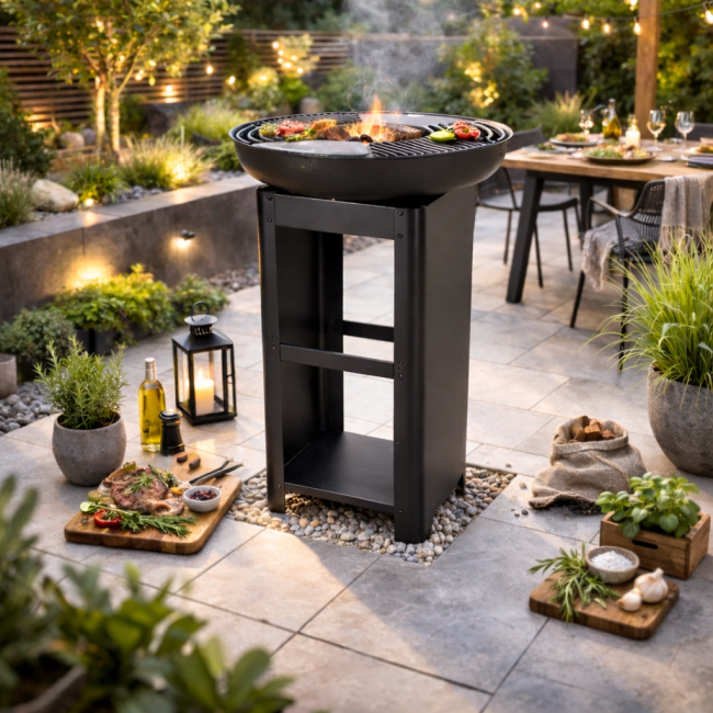 Brasero barbecue Ø61 cm avec support bûches – chauffage extérieur Brasero barbecue 61 cm avec rangement bûches extérieur jardin