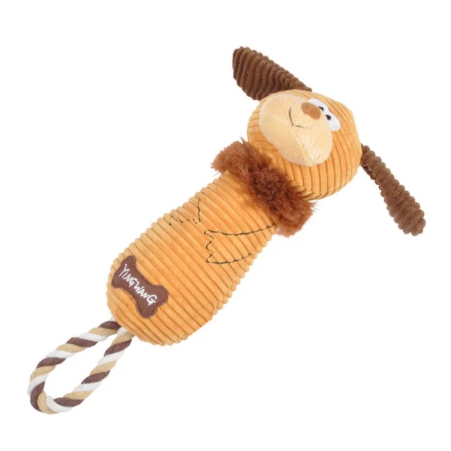 Peluche chien sonore marron avec corde et poignée 34cm pour chien