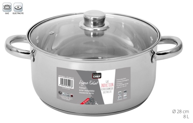 Faitout inox 28 cm 8 L avec couvercle verre – marmite cuisine induction faitout inox 28 cm 8l couvercle verre marmite induction cuisine