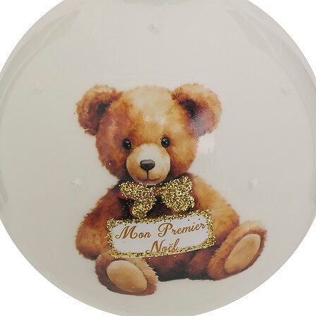 Boule verre ourson Mon Premier Noël diam 8 cm blanc