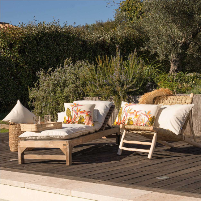 Coussin extérieur oiseau du paradis Sud Étoffe – coussin exotique anti-UV Coussin extérieur oiseau du paradis Sud Étoffe – coussin exotique anti-UV