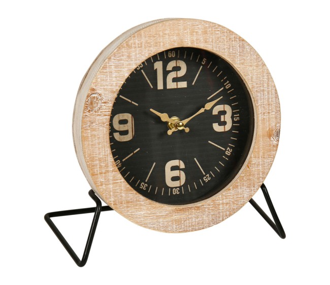 Horloge à poser bois et métal noir – décor et heure ∅ 20 cm Horloge à poser bois et métal noir – décor et heure ∅ 20 cm