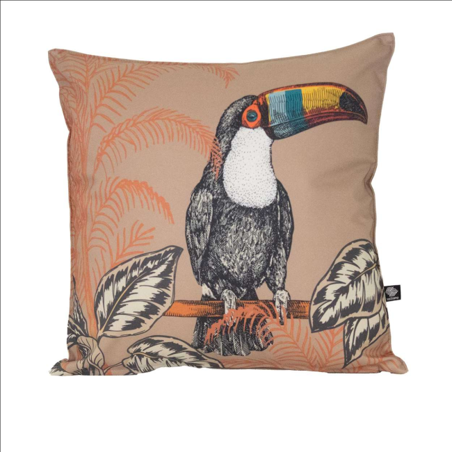 Coussin extérieur toco atmosphère Sud Étoffe. Déperlant, anti-UV et motif exotique pour terrasse et jardin.