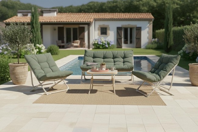 Salon bas pliant kaki Chistera mobilier jardin compact