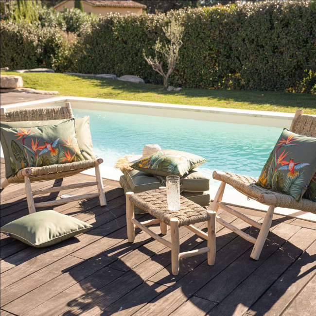 Coussin extérieur oiseau du paradis Sud Étoffe – coussin exotique anti-UV Coussin extérieur oiseau du paradis Sud Étoffe – coussin exotique anti-UV