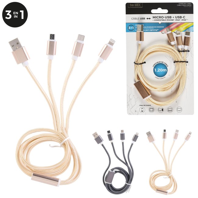 Câble 3-en-1 Lightning USB-C Micro USB 1,20 m | Irisia Maison