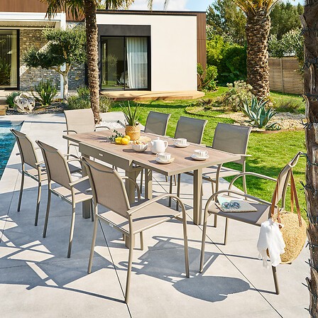Table de jardin extensible carrée Piazza truffe café 8 places aluminium verre