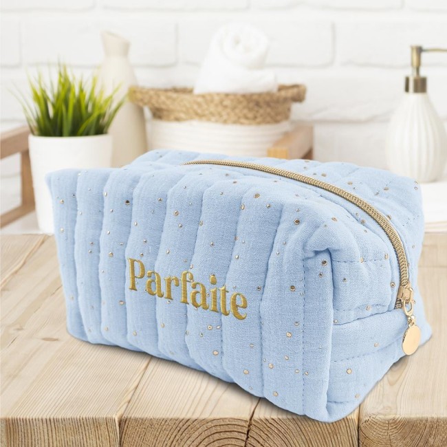 trousse de toilette femme Parfaite bleu ciel gaz de coton 18x12x13 cm trousse de toilette femme Parfaite bleu ciel gaz de coton 18x12x13 cm