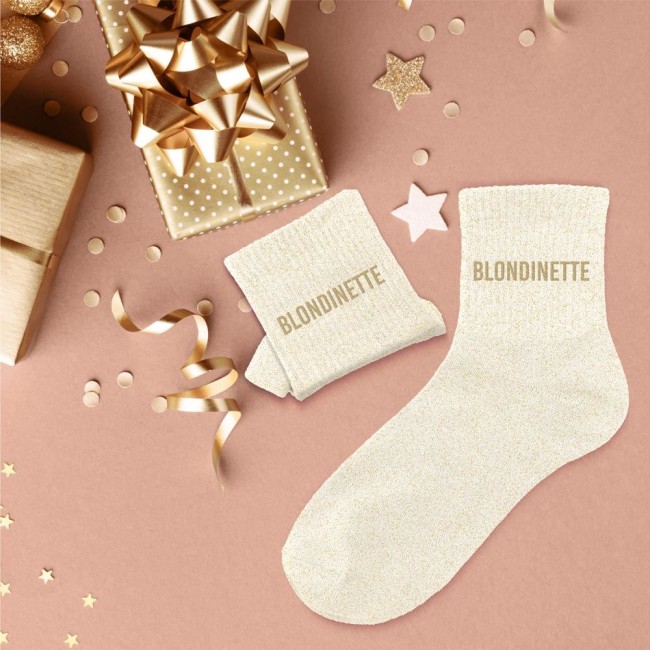Chaussettes paillettes taille 39‑42 avec message humoristique – mode fun blondinette