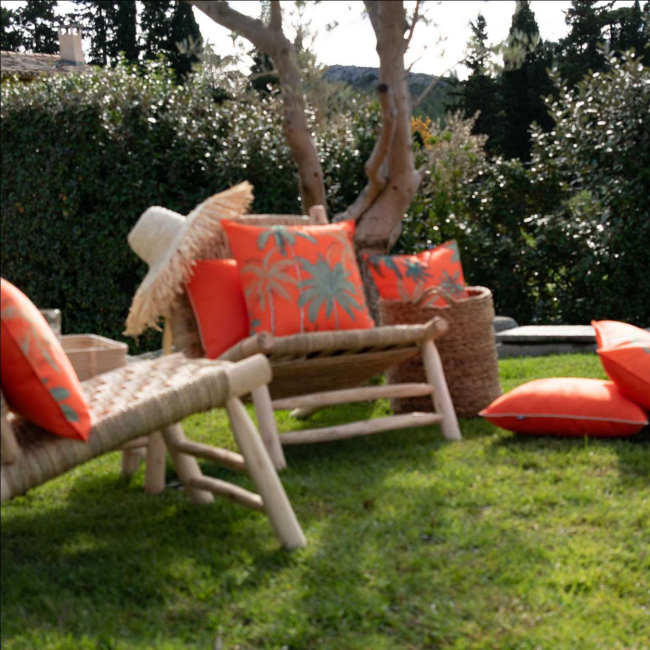 coussin exterieur palmier nectarine sud etoffe motif exotique anti uv deperlant jardin