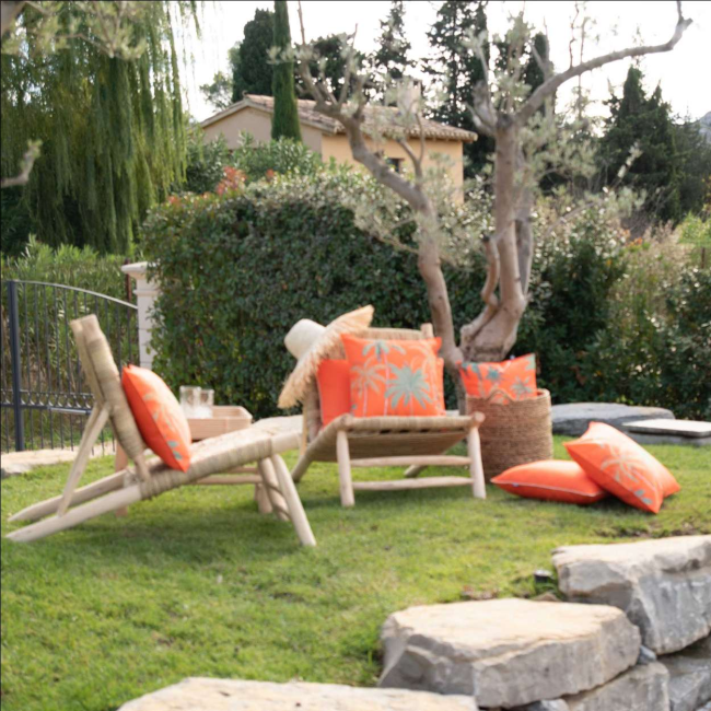 coussin exterieur palmier nectarine sud etoffe motif exotique anti uv deperlant jardin