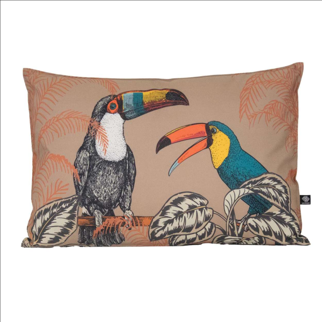 Coussin extérieur toco atmosphère Sud Étoffe. Déperlant, anti-UV et motif exotique pour terrasse et jardin.