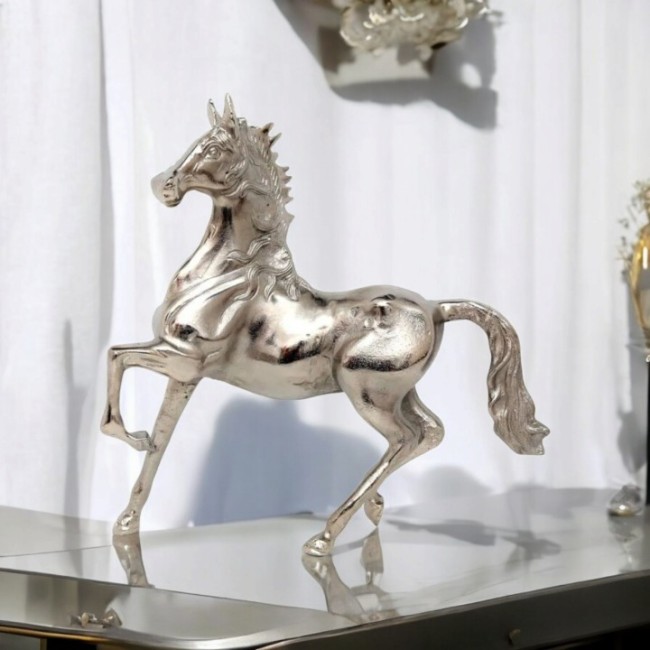 Figurine cheval argentée en aluminium 39,5 cm | Irisia Maison