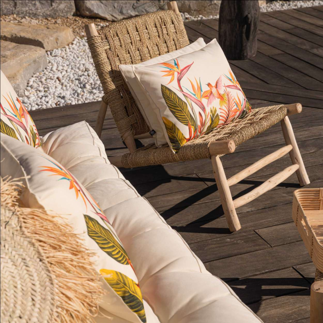 Coussin extérieur oiseau du paradis Sud Étoffe – coussin exotique anti-UV Coussin extérieur oiseau du paradis Sud Étoffe – coussin exotique anti-UV