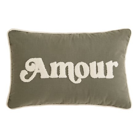 Coussin Brodé Amour 38 x 58 cm Kaki | Irisia Maison