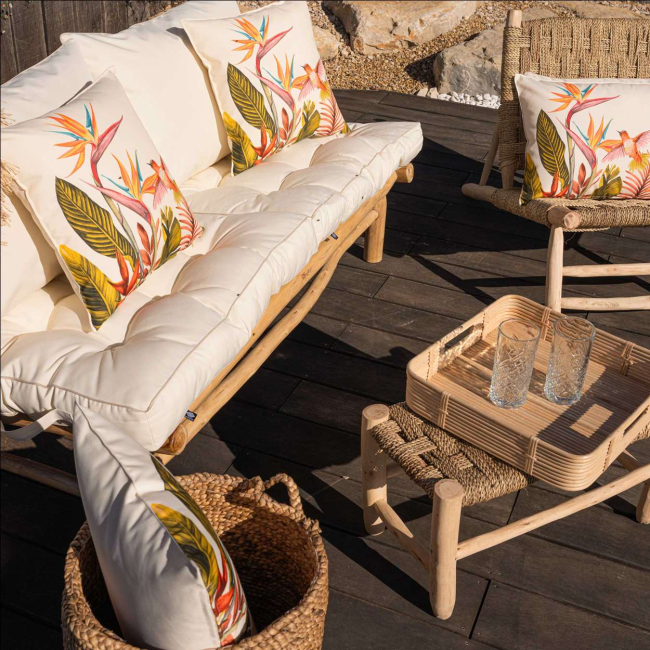 Coussin extérieur oiseau du paradis Sud Étoffe – coussin exotique anti-UV Coussin extérieur oiseau du paradis Sud Étoffe – coussin exotique anti-UV