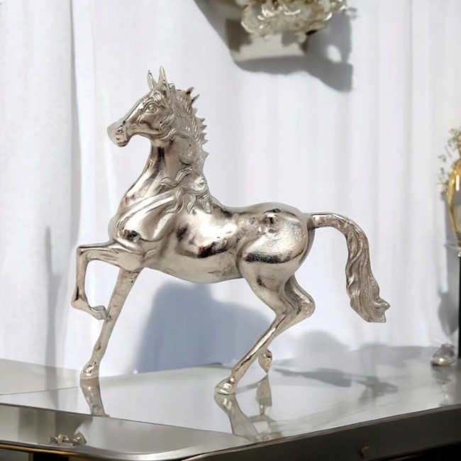 Figurine cheval argentée en aluminium 39,5 cm | Irisia Maison