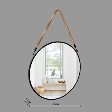 Miroir métal rond noir avec corde en jute – diamètre 55 cm Miroir métal rond noir avec corde en jute – diamètre 55 cm