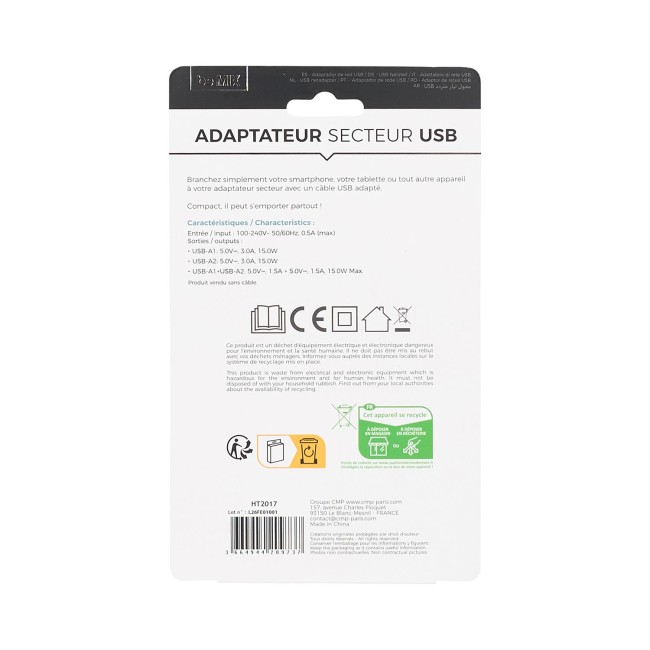 Chargeur secteur double USB 2A + 1A | Irisia Maison