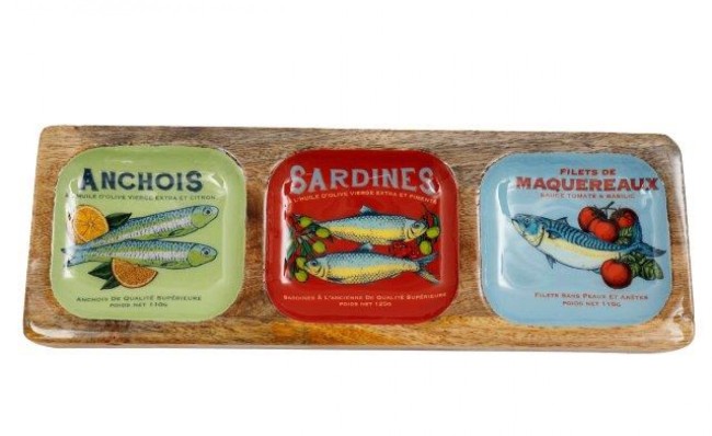 Plateau émaillé bois de manguier 30 cm motif poisson | Irisia Maison