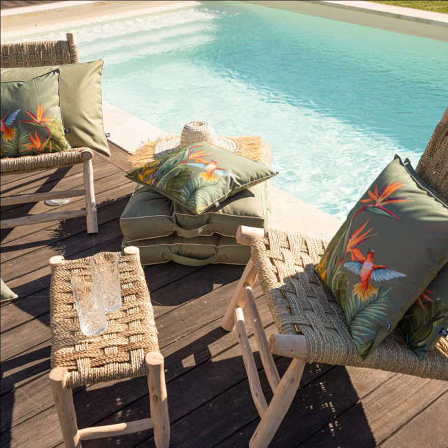 Coussin extérieur oiseau du paradis Sud Étoffe – coussin exotique anti-UV Coussin extérieur oiseau du paradis Sud Étoffe – coussin exotique anti-UV