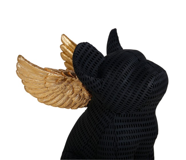 Figurine chien noir polyrésine avec ailes dorées 14 × 20 × 20 cm – décoration intérieure