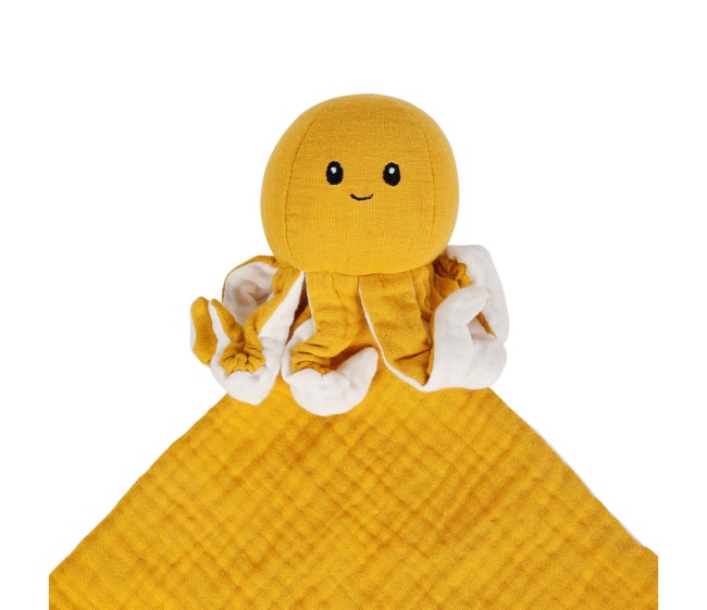 Doudou mouchoir coton motif pieuvre moutarde pour bébé