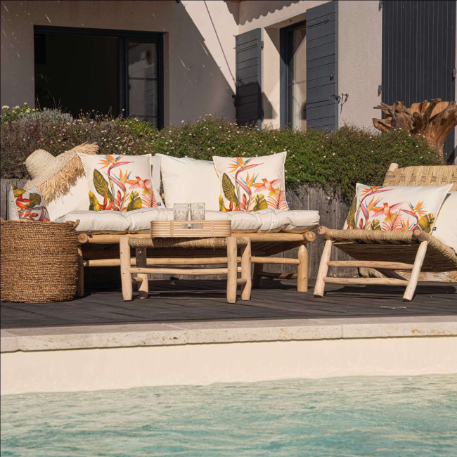 Coussin extérieur oiseau du paradis Sud Étoffe – coussin exotique anti-UV Coussin extérieur oiseau du paradis Sud Étoffe – coussin exotique anti-UV