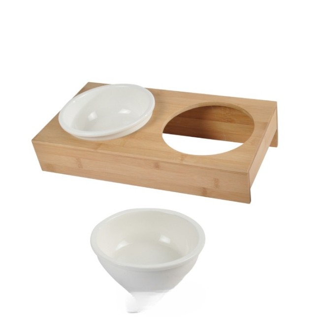 Double gamelle céramique blanche avec support bambou naturel pour chien chat 500ml