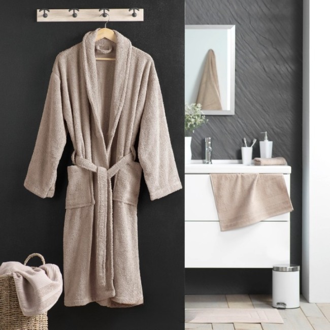 Peignoir col châle en coton éponge taille unique gris perle taupe blanc – vêtement bain doux absorbant Peignoir col châle en coton éponge taille unique gris perle taupe blanc – vêtement bain doux absorbant