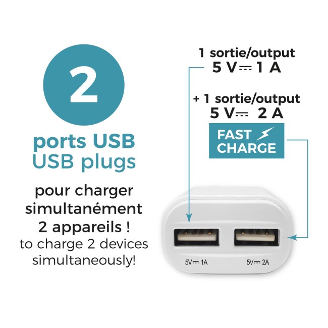 Chargeur secteur double USB 2A + 1A | Irisia Maison