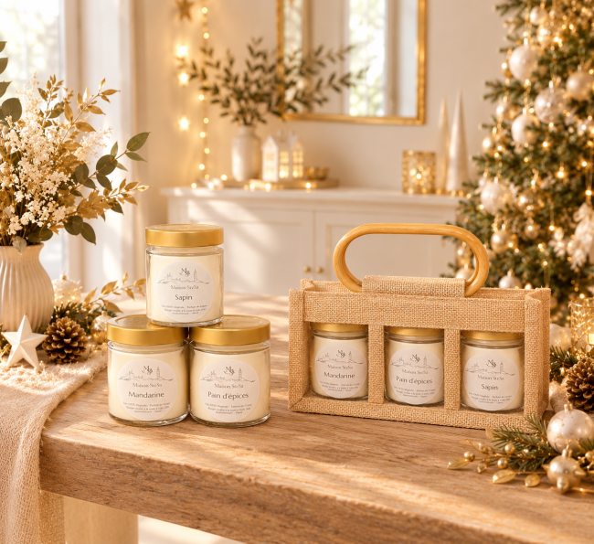 Le coffret de bougies dans leur panier en jute