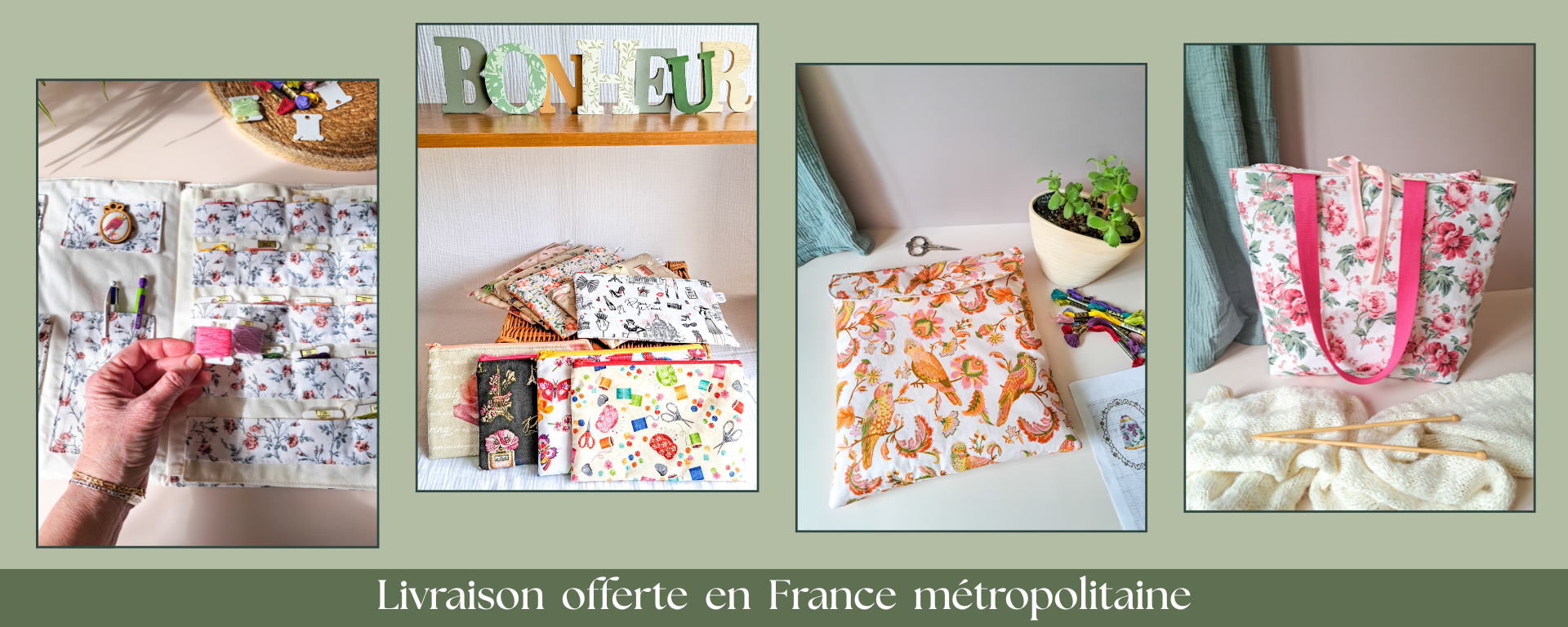 4 photos pour présenter les articles de la boutique en ligne Angélique La Fée En Fil. Première photo une trousse de brodeuse avec des cartonnettes de fils à broder,, deuxième photo des trousses zippées avec différents motifs, troisième photo une pochette de rangement de tambour à broder pour la broderie en coton imprimé avec des motifs oiseaux et quatrième photo un sac cabasen coton au motif de fleur rose pour ranger un tricot crée par Angélique La Fée En Fil