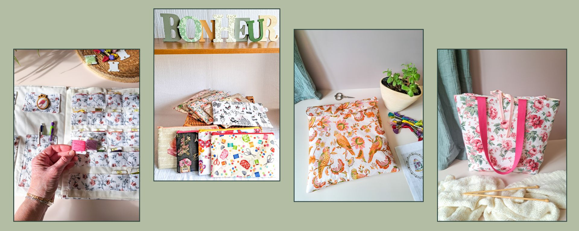 4 photos pour présenter les articles de la boutique en ligne Angélique La Fée En Fil. Première photo une trousse de brodeuse avec des cartonnettes de fils à broder,, deuxième photo des trousses zippées avec différents motifs, troisième photo une pochette de rangement de tambour à broder pour la broderie en coton imprimé avec des motifs oiseaux et quatrième photo un sac cabasen coton au motif de fleur rose pour ranger un tricot crée par Angélique La Fée En Fil