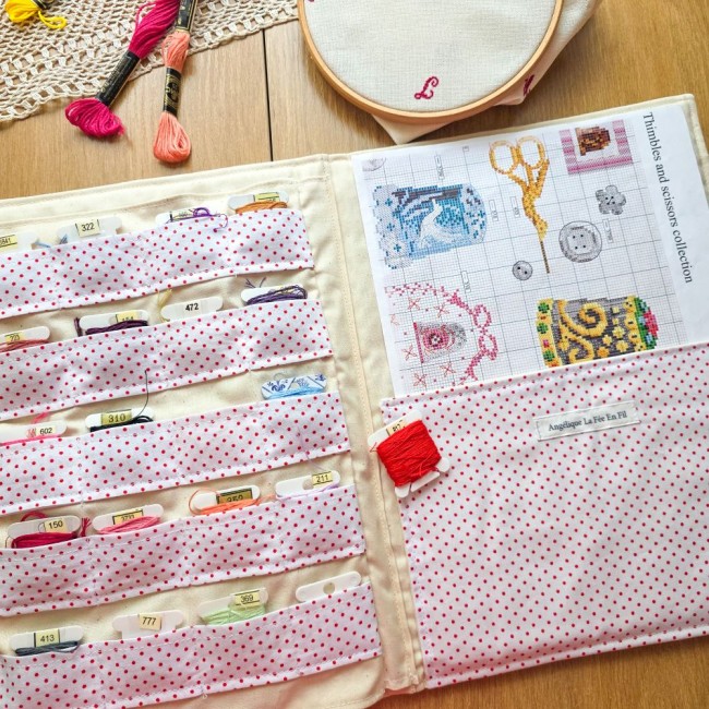 Vue de l'intérieur de la trousse Nina ouverte montrant la grande pochette contenant une grille de broderie et l'étiquette Angélique La Fée En Fil, avec rangements pour fils à broder