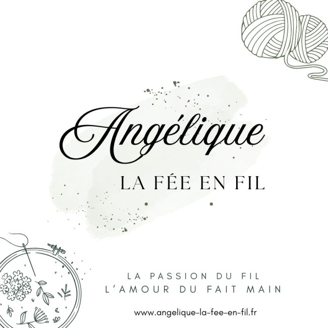 angelique-la-fee-en-fil-presentation-boutique Logo et carte de présentation de la marque Angélique La Fée En Fil, avec des illustrations de broderie et de pelotes de laine sur un fond aquarelle vert sauge. Inscriptions : La passion du fil, l'amour du fait main