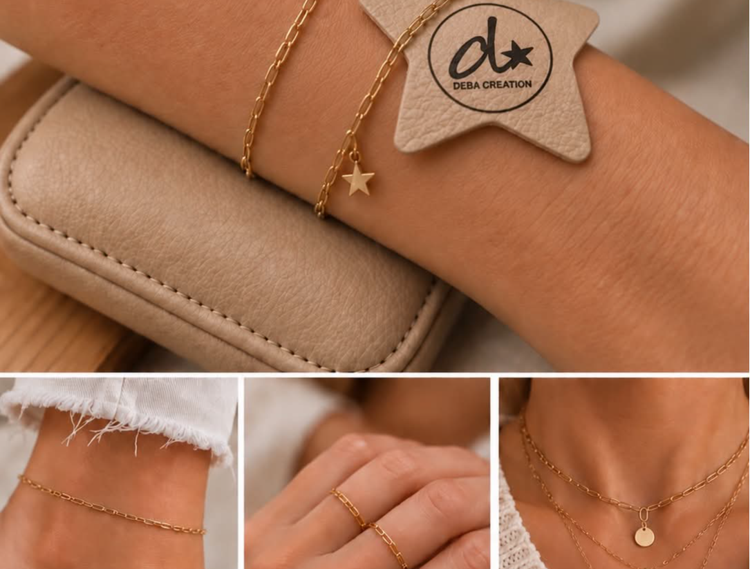 Bijoux permanents DEBA CREATION portés au poignet, avec bracelet chaîne dorée et pampille 