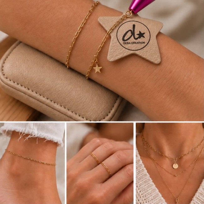 Bracelet permanent à chaîne dorée avec pampille étoile, bague fine, chaîne de cheville et colliers dorés présentés en trois vues – DEBA CREATION