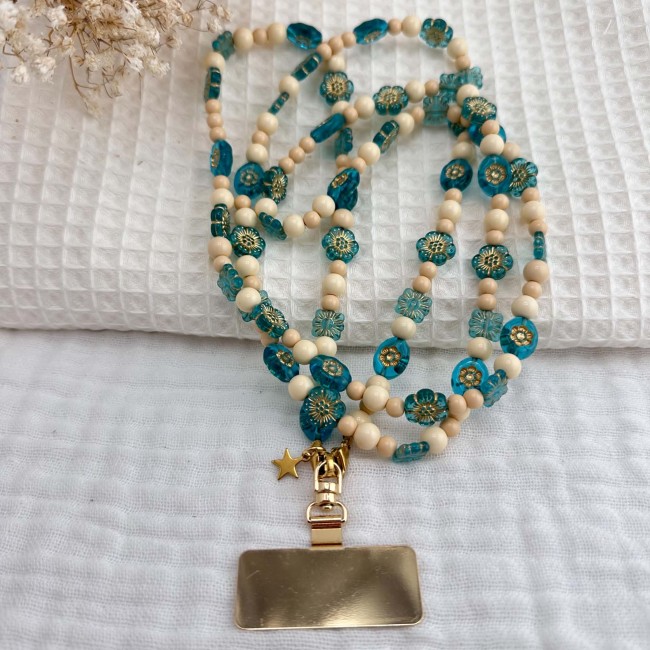 Cordon de téléphone Bouquet de Myosotis modèle long avec ses perles turquoise et beige