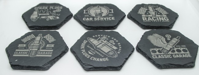 Set de dessous de verre en ardoise garage vintage Set de 6 dessous de verre en ardoise gravée motifs garage vintage
