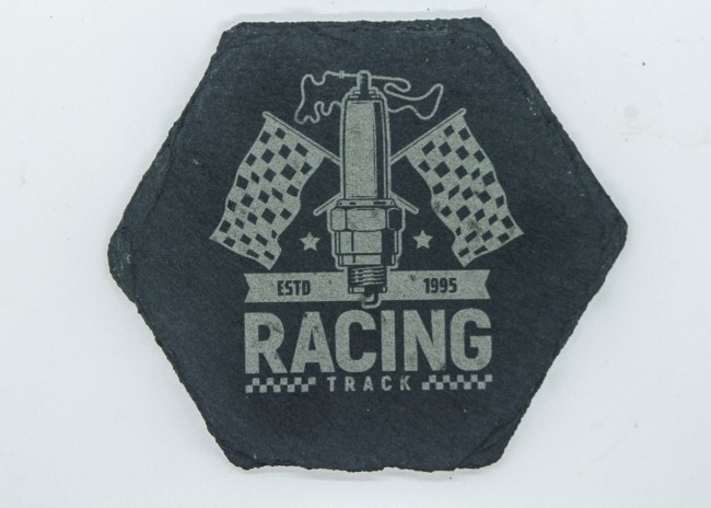 Dessous de verre ardoise Racing Track garage Dessous de verre en ardoise motif Racing Track avec drapeaux à damier