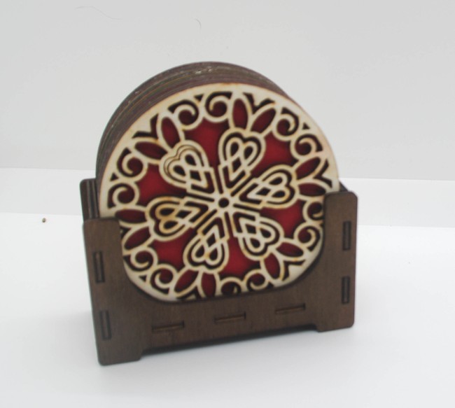 Ensemble complet de 6 dessous de verre mandala en bois avec support.